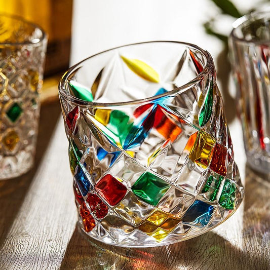 Set of Colored Glass Cups with BAMBOO Wooden base