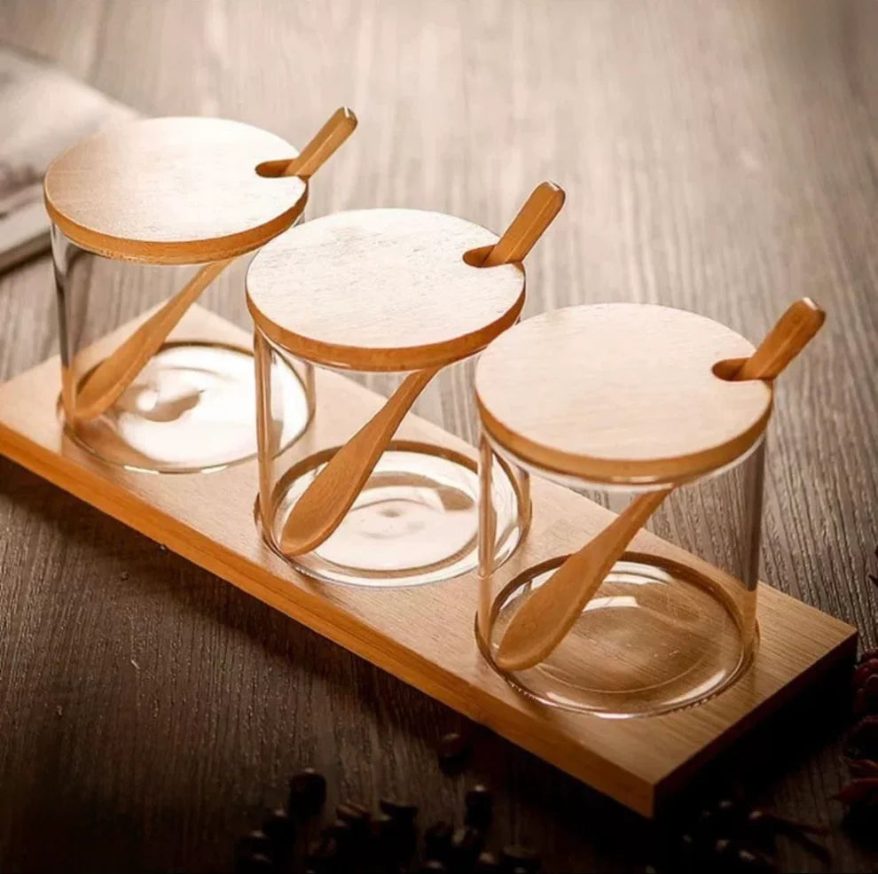 3-Piece Glass Spice Jar Set with Wooden Lids, Spoons & Stand