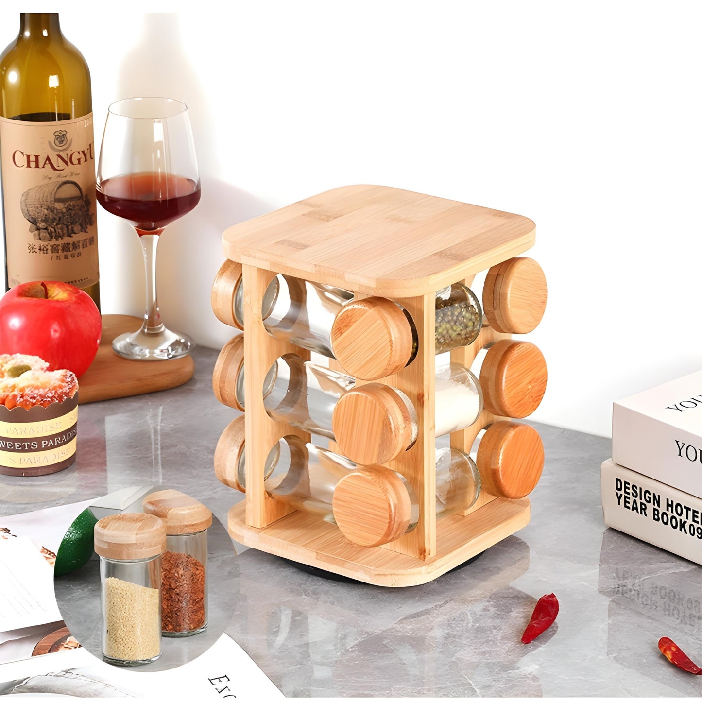 Square Rotating Spice Rack - 12 Glass Jars