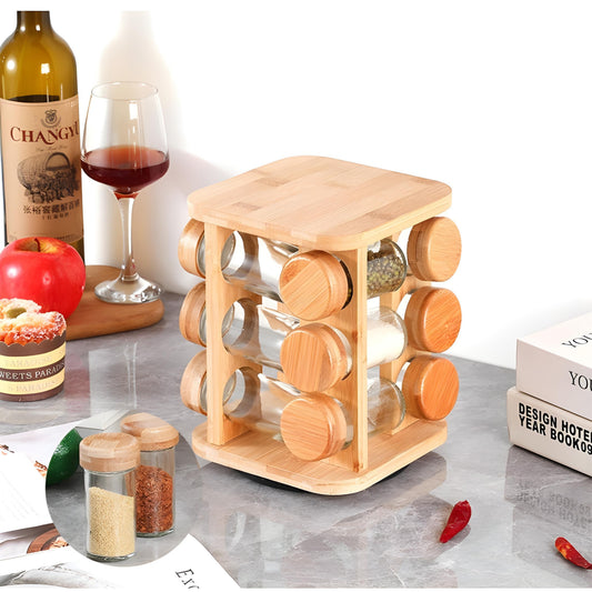 Square Rotating Spice Rack - 12 Glass Jars