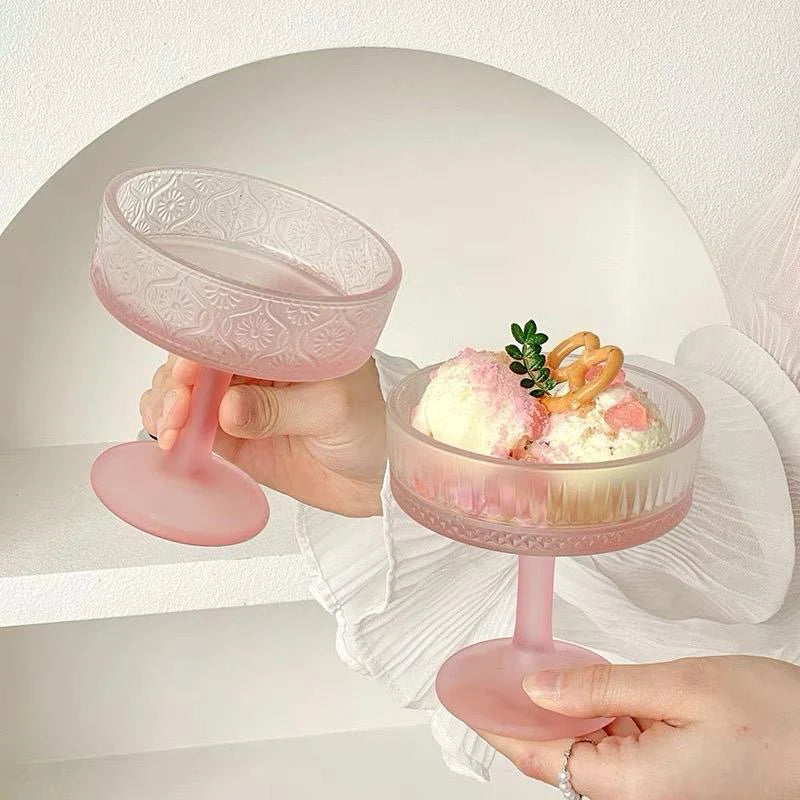 Ribbed Glass Dessert Cup – Frosted Pink- Set 12pcs