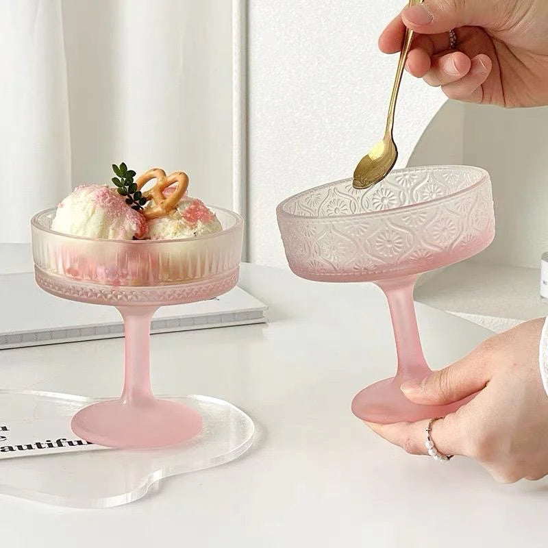 Ribbed Glass Dessert Cup – Frosted Pink- Set 12pcs