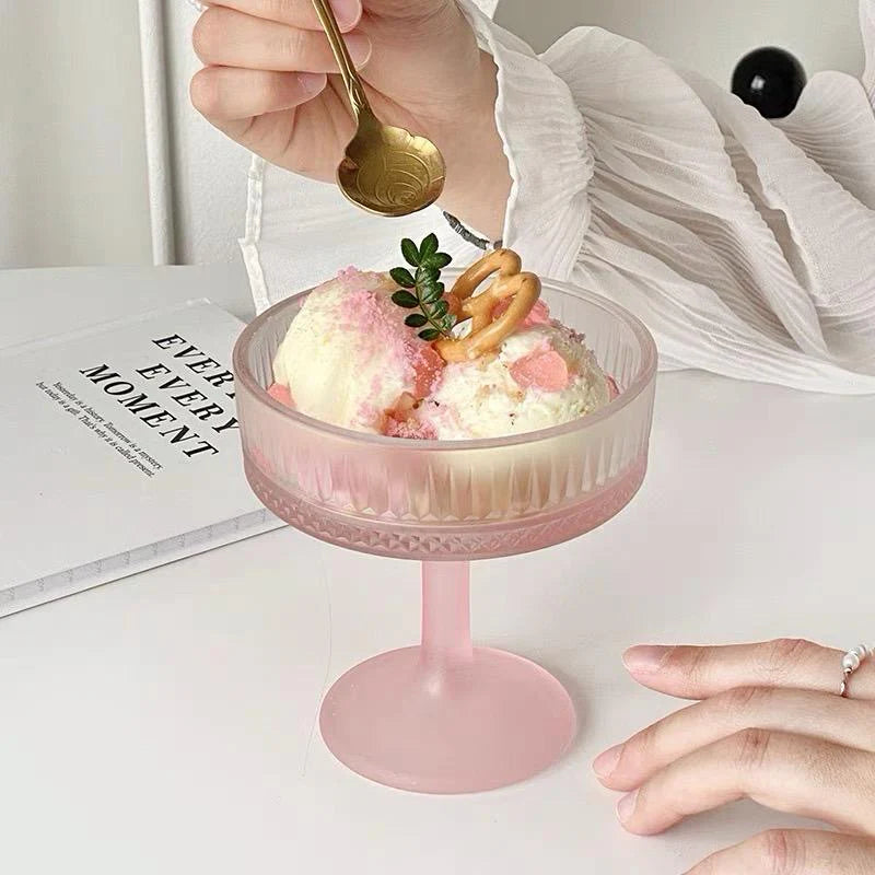Ribbed Glass Dessert Cup – Frosted Pink- Set 12pcs